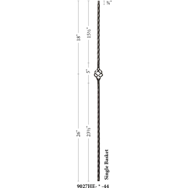 9027HE Single Basket with hammered edge Iron balusters 9/16"